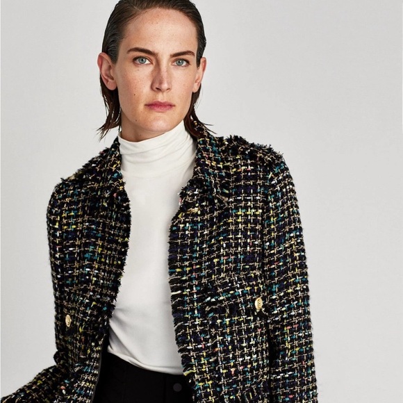 Zara Black Tweed Blazer Fringe Trim size XS - Picture 11 of 13